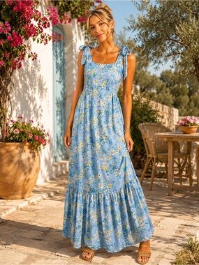 Yumi Kim Rosette Floral Tie Strap Maxi Dress Blue Floral Medium MSRP $245